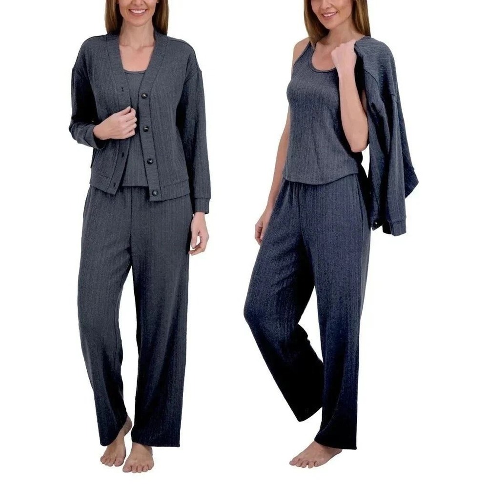 NWOT Live 2 Lounge Women's XXL Blue Ribbed 3pc Pajama Set Polyester Blend